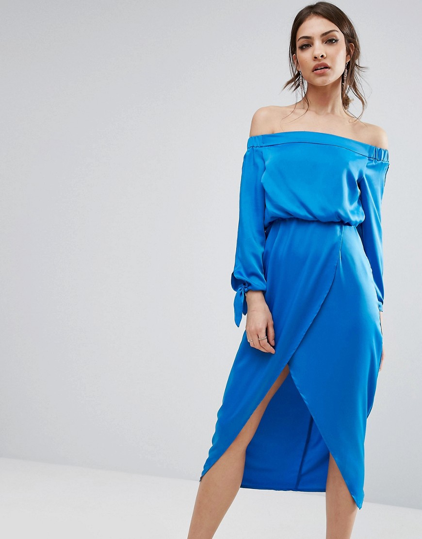 Lavish Alice Off Shoulder Midi Dress With Tie Sleeve - Blue