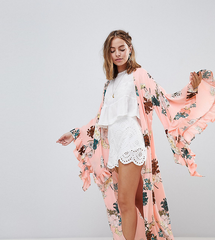 Sisters Of The Tribe Petite Kimono With Frill Sleeve In Floral Print Co-Ord - Pink peach