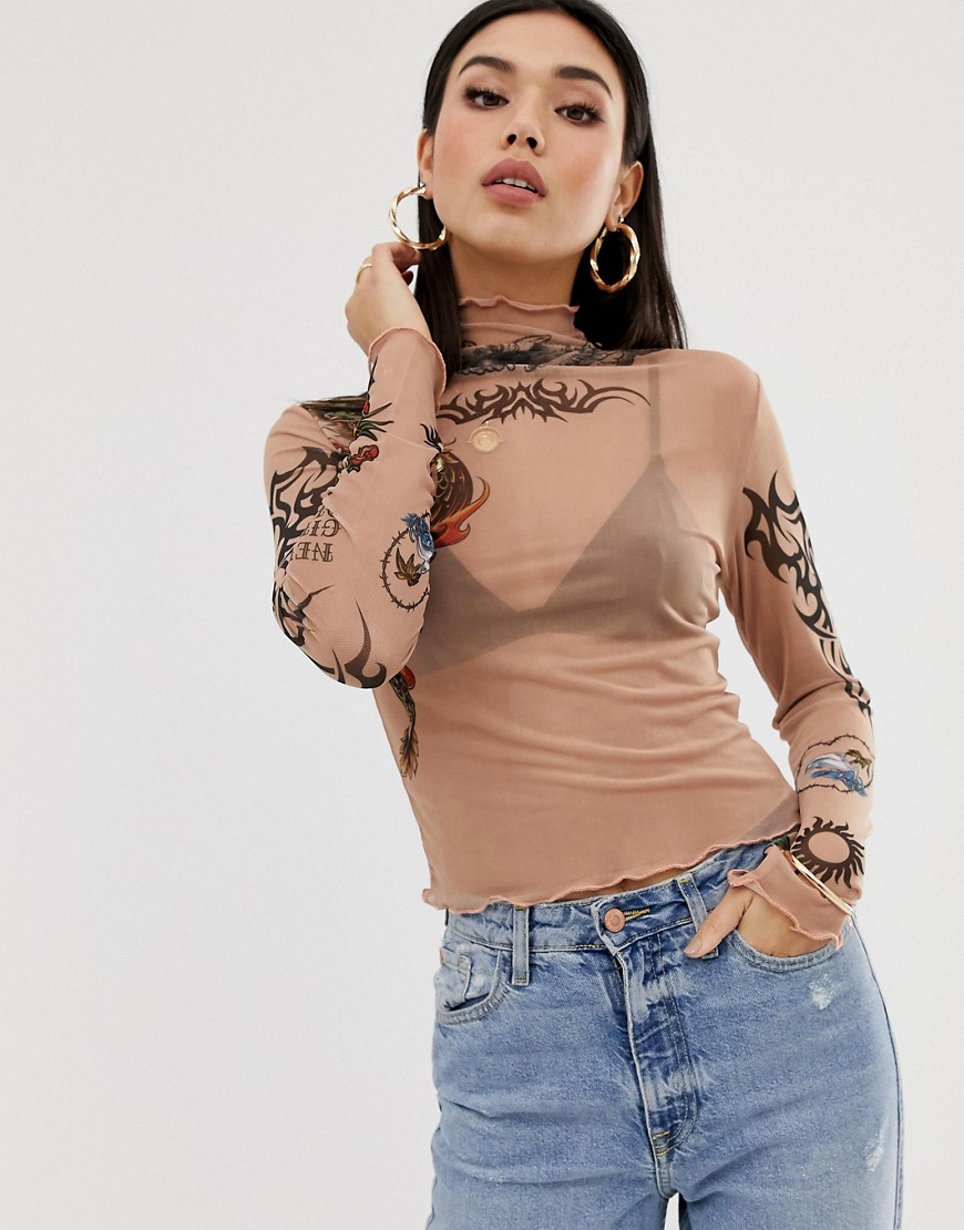 New Girl Order high neck crop top in mesh with tattoo prints