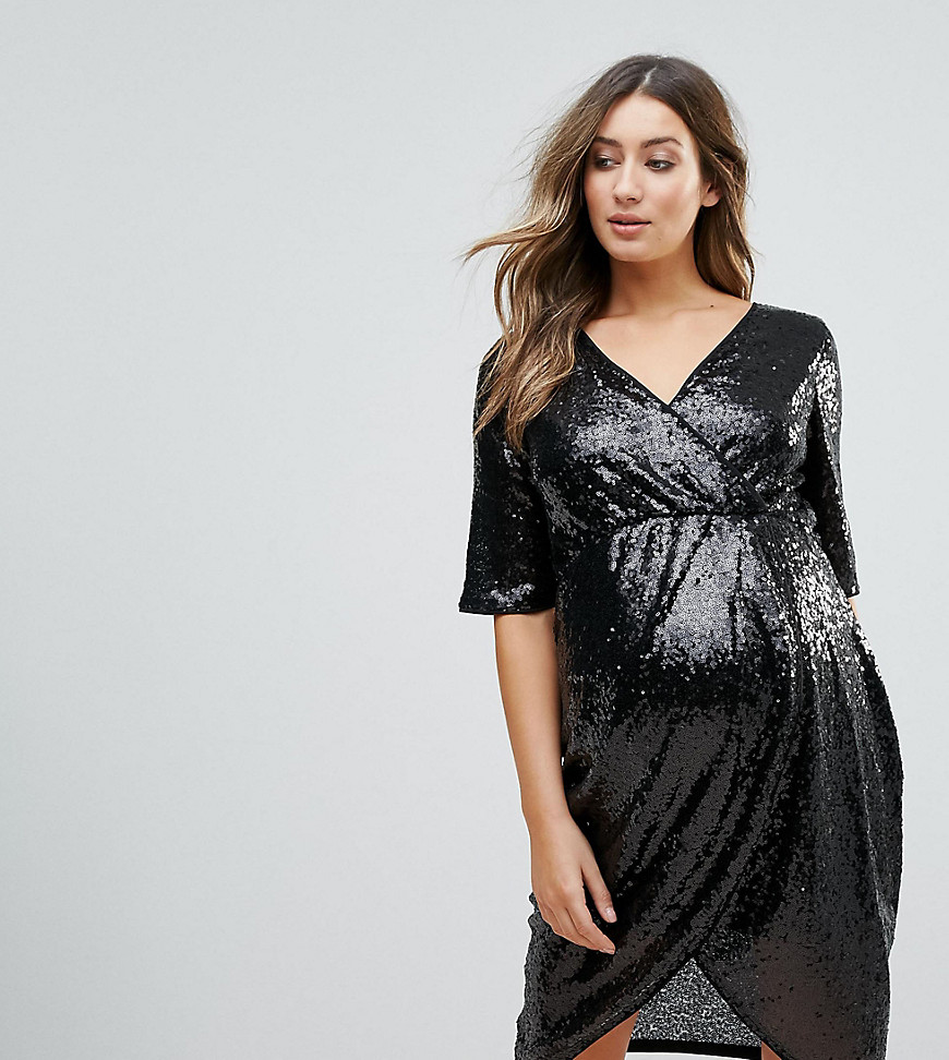 TFNC Maternity Wrap Over Sequin Midi Dress - Black