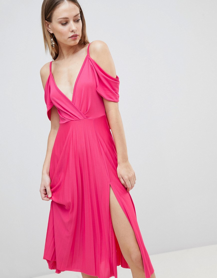 Asos Design Cold Shoulder Cowl Back Pleated Midi Dress-pink | ModeSens