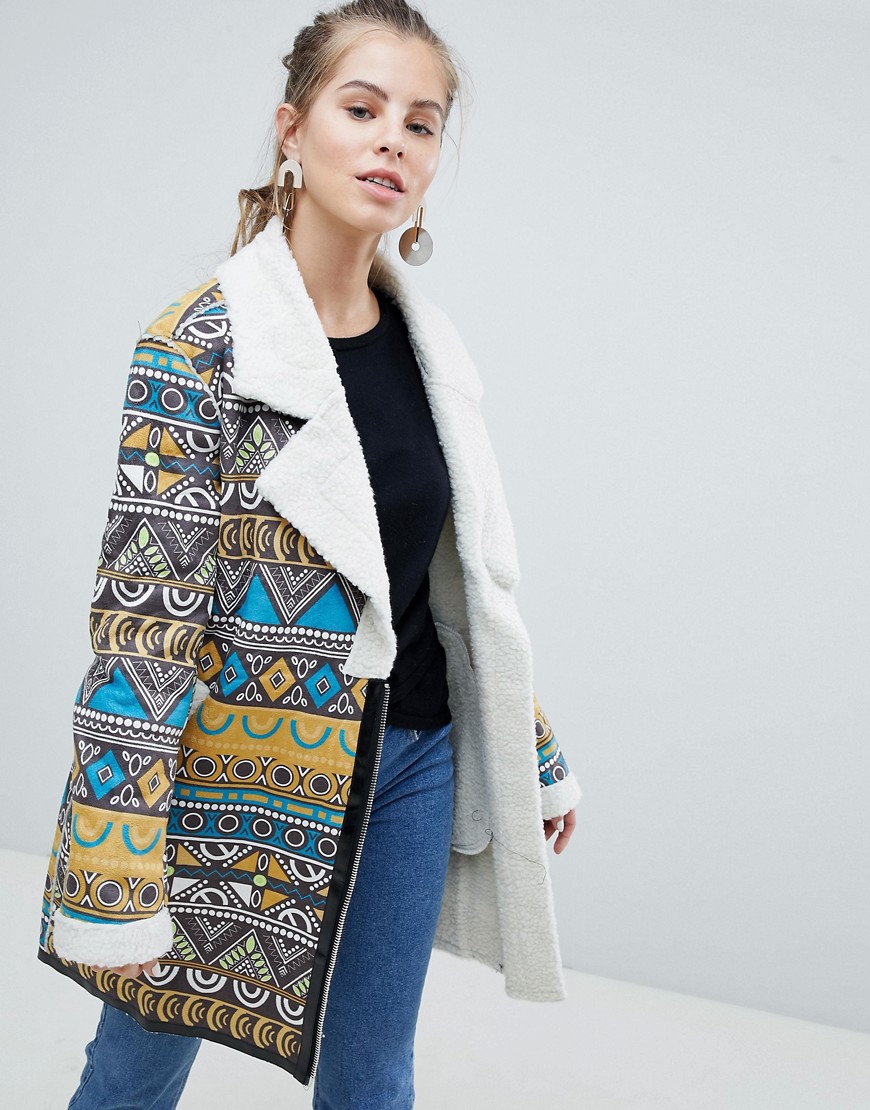 Oeuvre Printed Coat With Borg Lining - Yellow