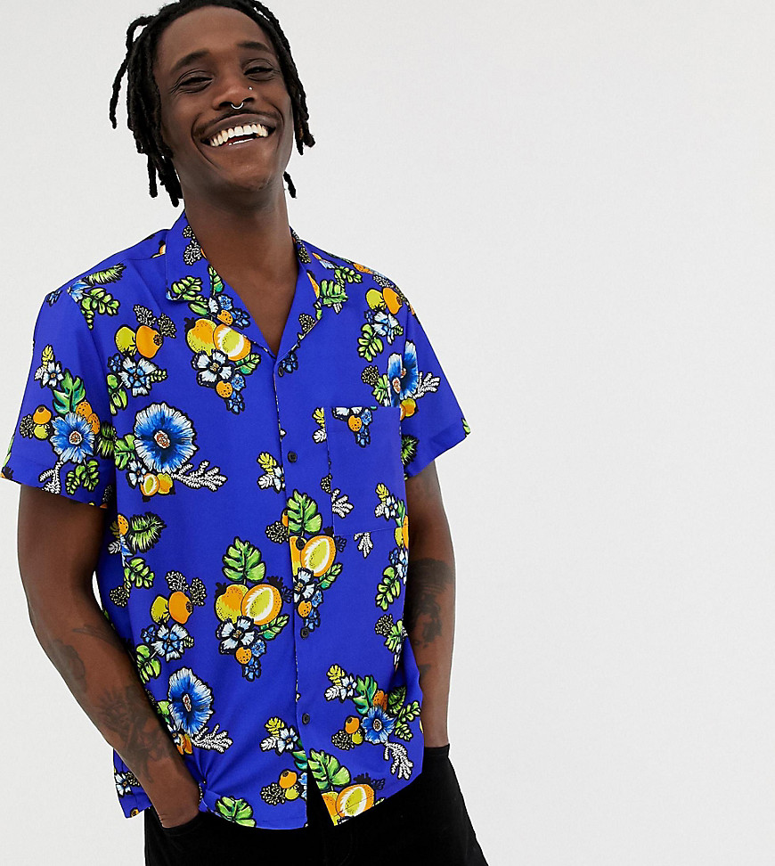 ASOS Made In Kenya x 2ManySiblings revere shirt in blue tropical print