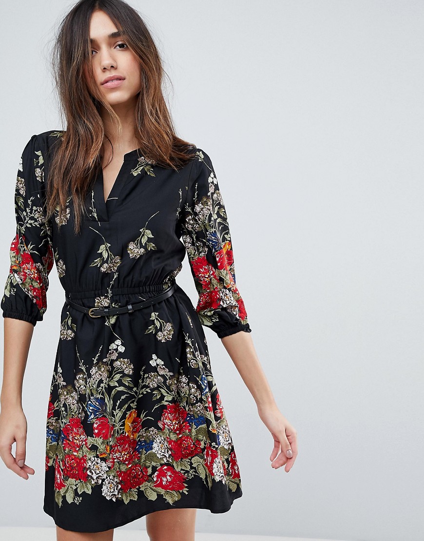 Yumi 3/4 Sleeve Belted Dress in Floral Border Print - Black