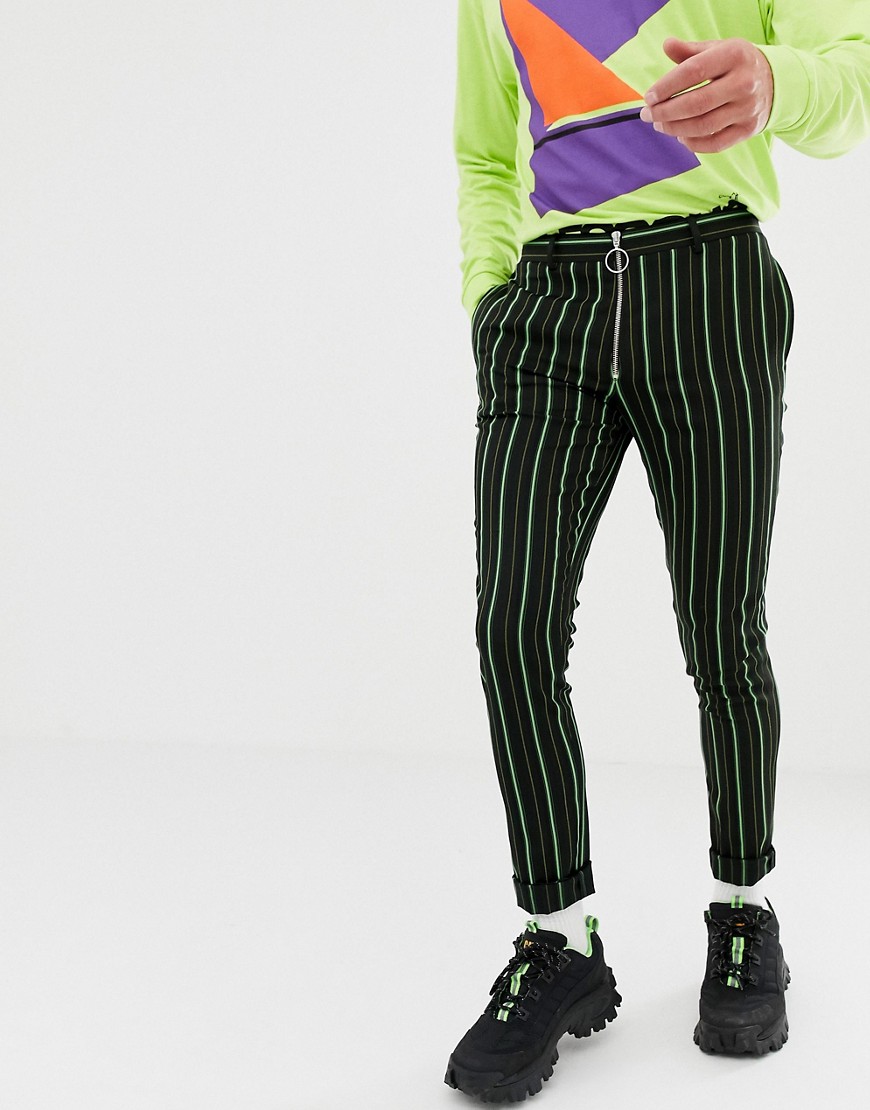 ASOS DESIGN super skinny smart trouser in black with bright green stripe