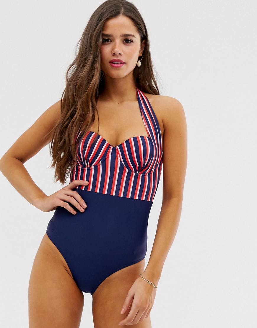 Oasis halter neck swimsuit in stripe