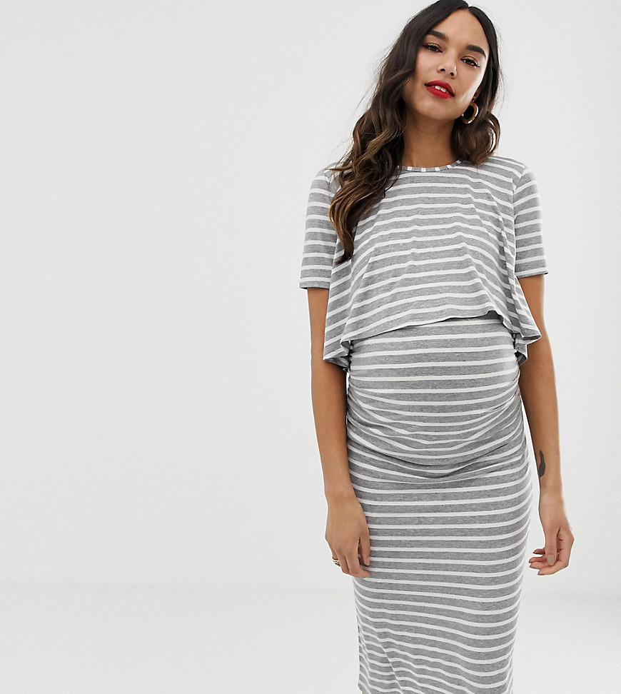 Bluebelle Maternity 2 in 1 striped dress with short sleeve in grey and white