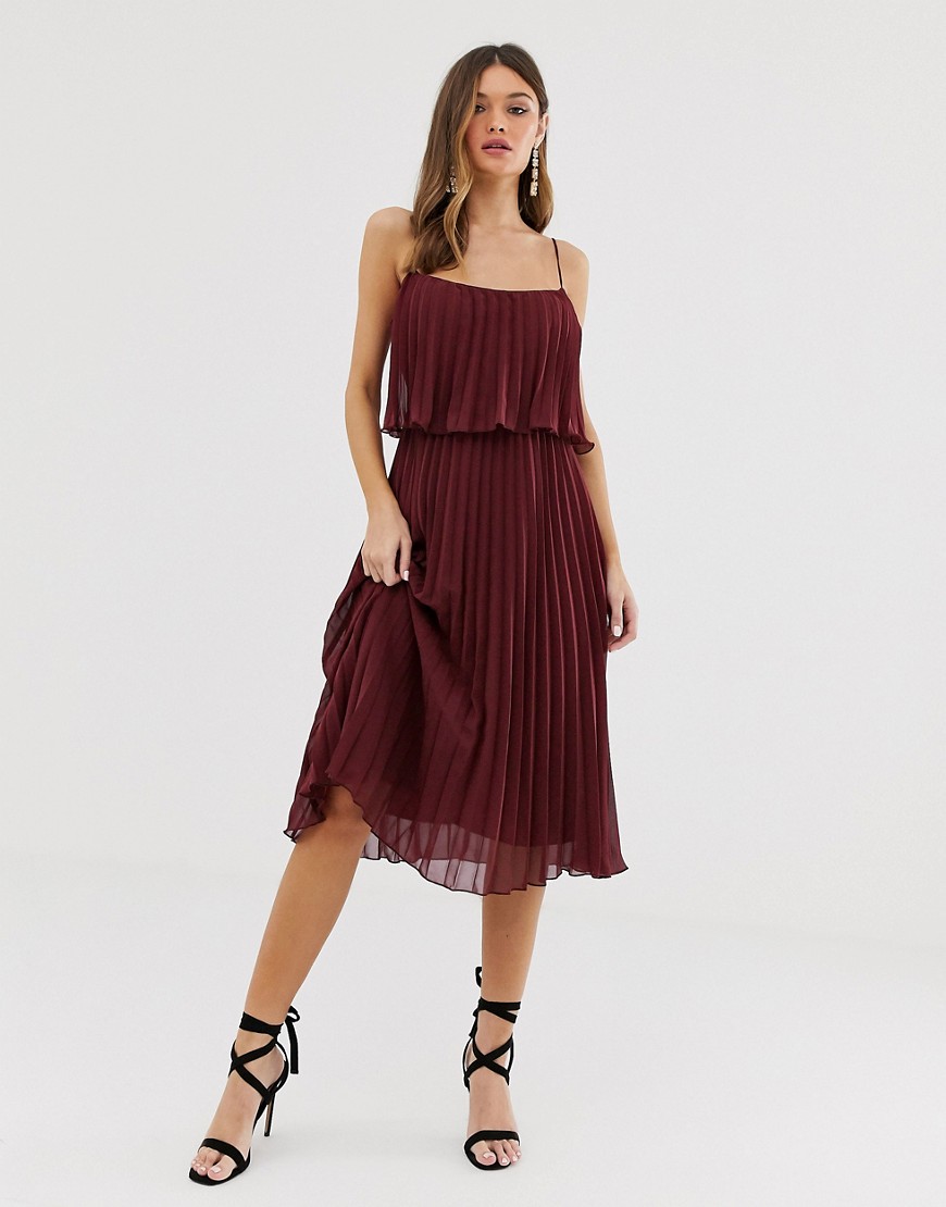 Asos Design Pleated Crop Top Midi Dress With Scoop Neck-red