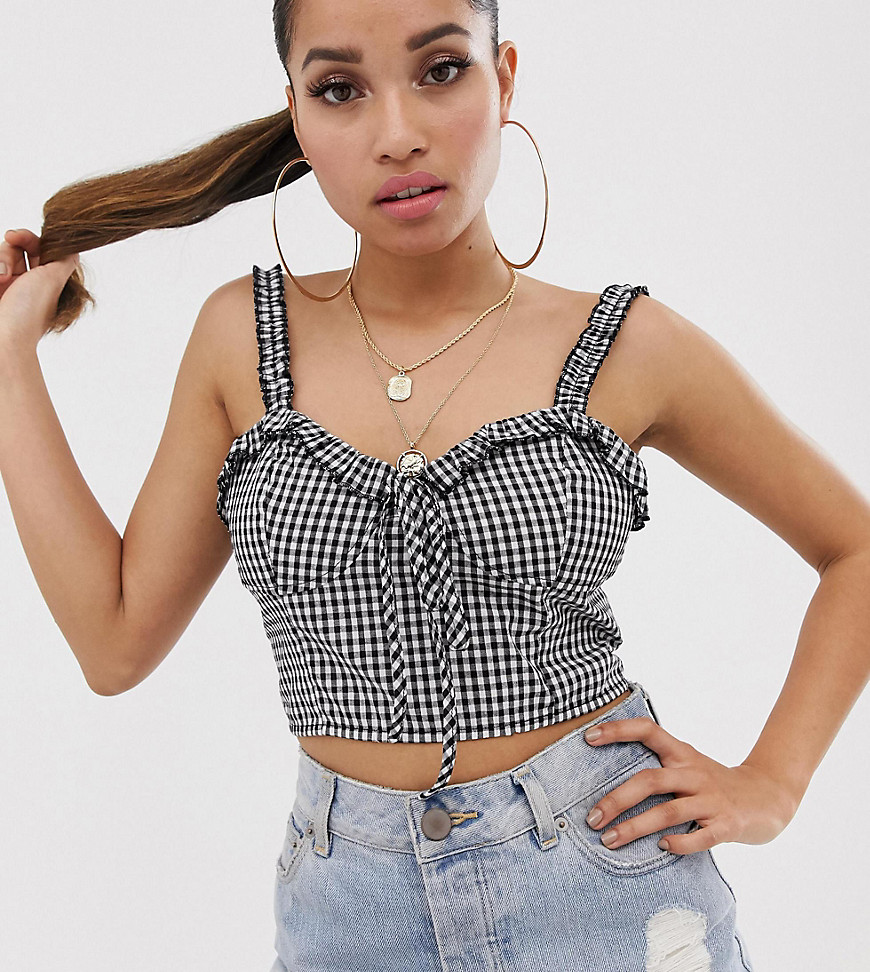 PrettyLittleThing Petite crop top with tie and frill detail in mono gingham