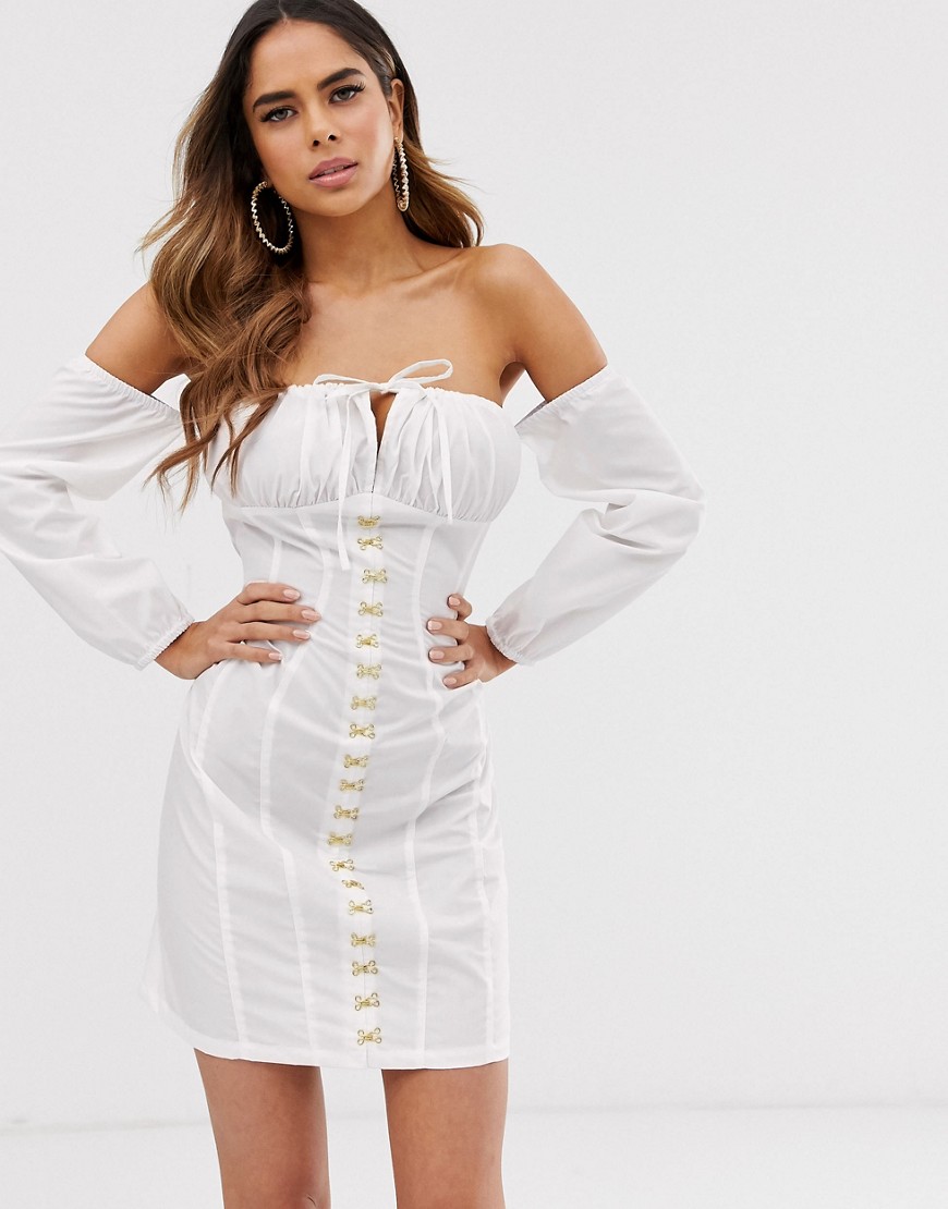 Club L London off shoulder mini dress with milkmaid neck and metal hook detail in ivory