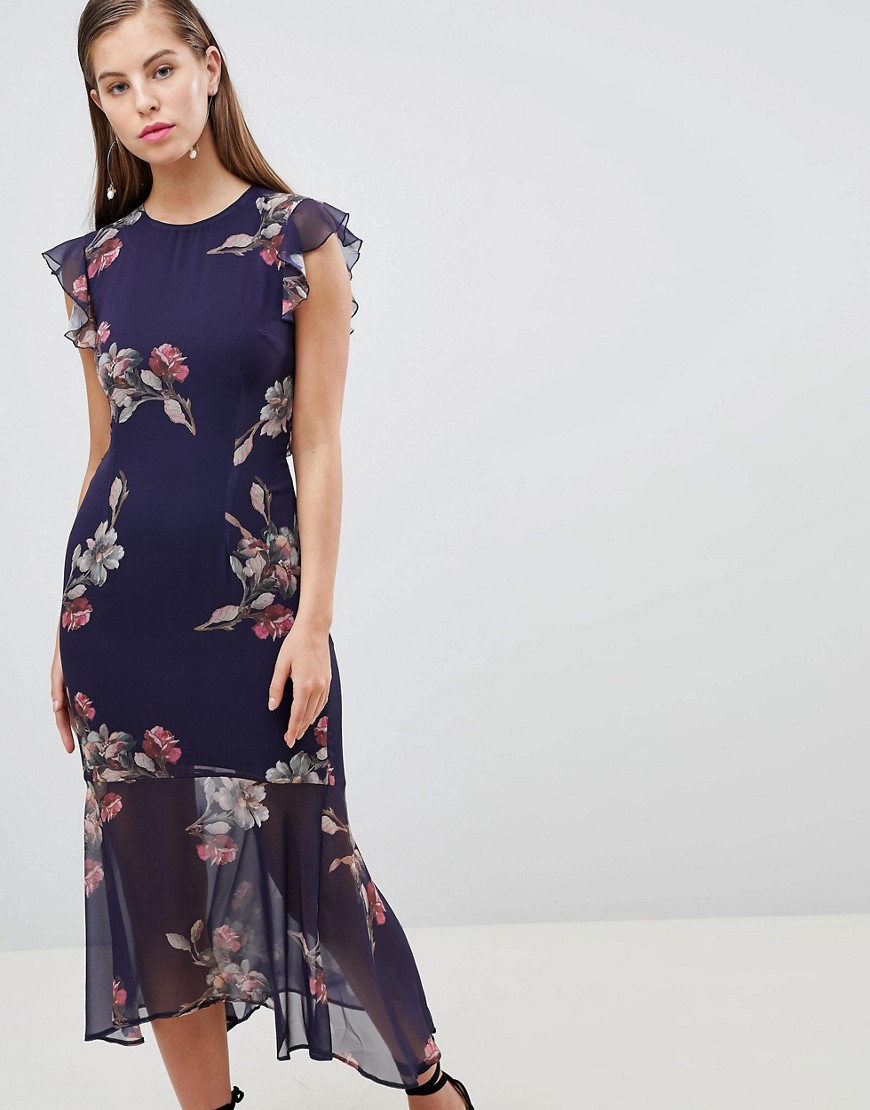 Hope & Ivy Floral Lattice Back Pencil Dress with Ruffle