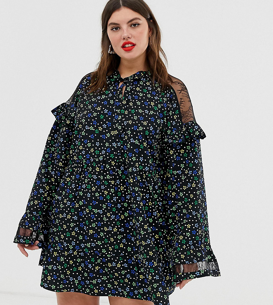 COLLUSION Plus lace insert smock dress in ditsy floral