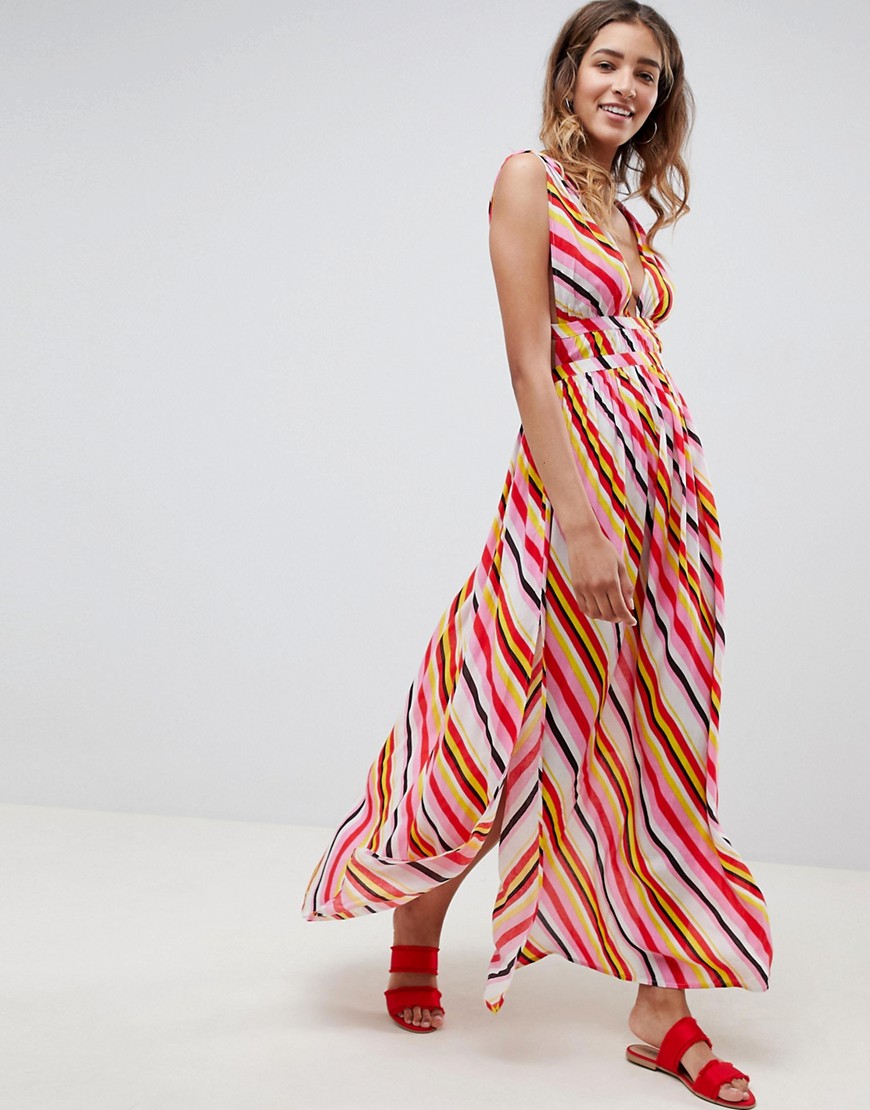 ASOS DESIGN stripe print grecian plunge maxi woven beach dress