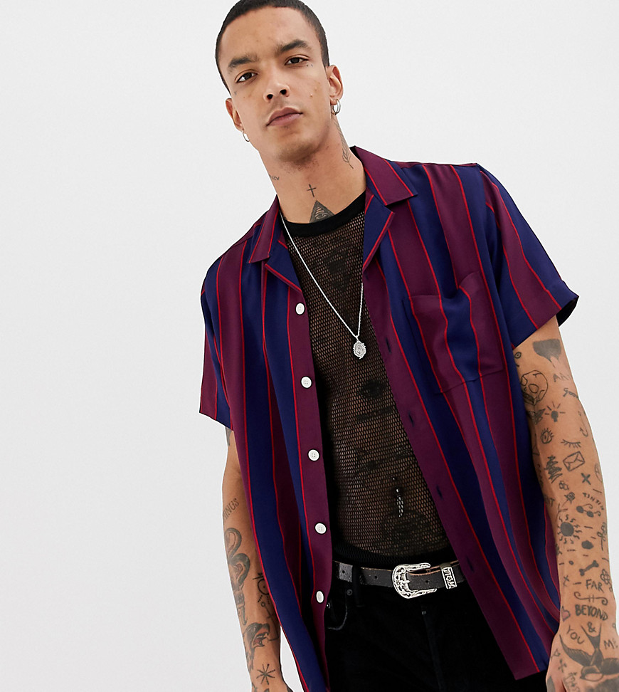Heart & Dagger striped revere shirt in navy and burgundy with short sleeves