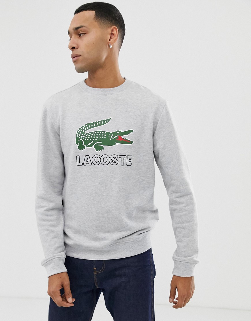 Lacoste large croc logo crew neck sweat in grey