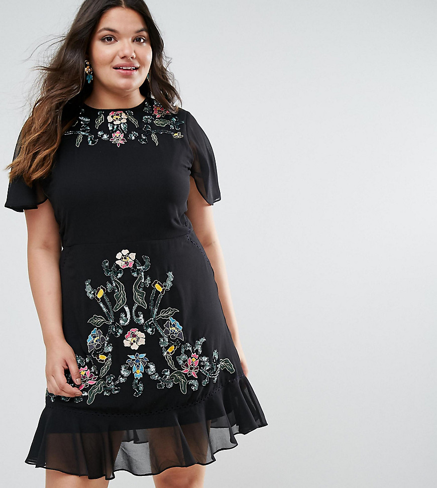 Frock And Frill Plus Embroidered Mesh Overlay Dress With Peplum Hem - Black