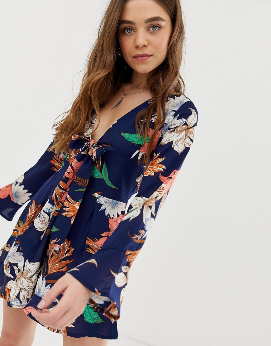 Parisian knot front playsuit in tropical floral print