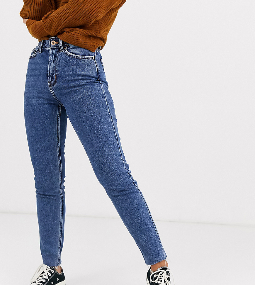 Only Petite high waisted straight leg jeans with raw hem