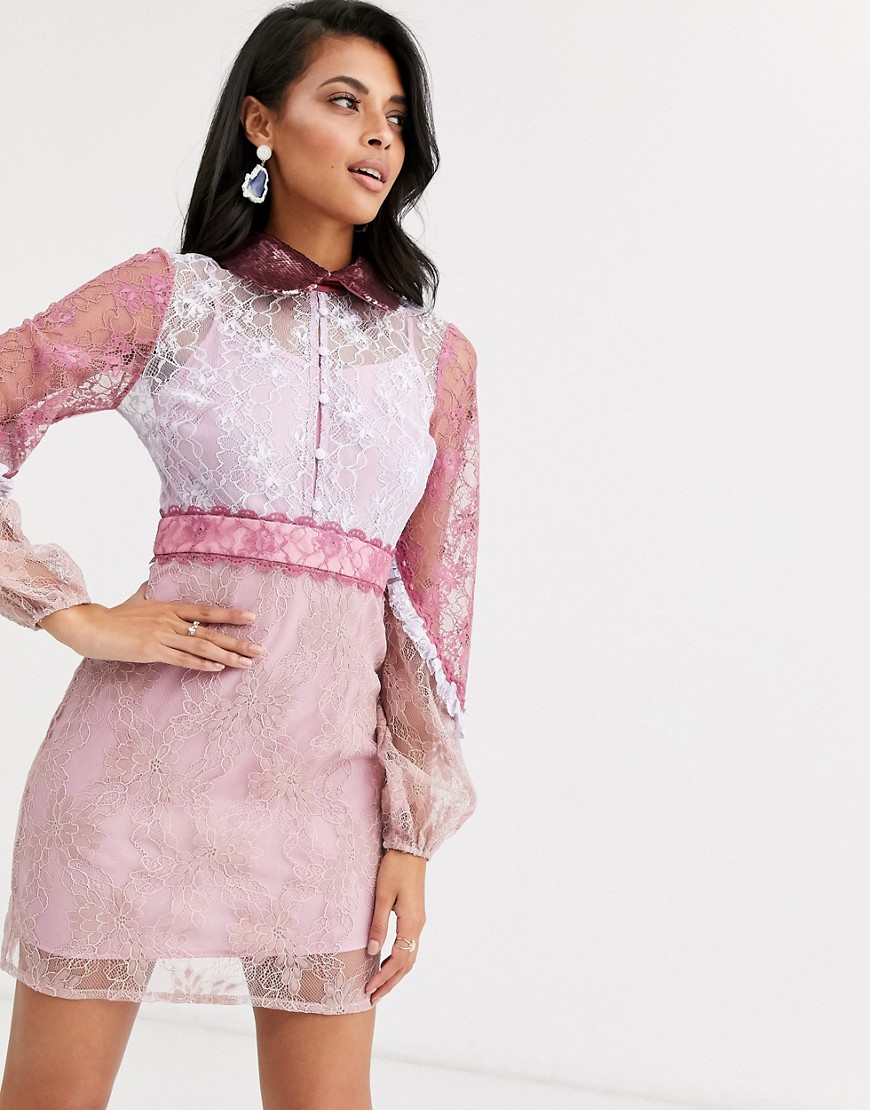 True Decadence Contrast Allover Lace Mini With Statement Sleeve In Pink