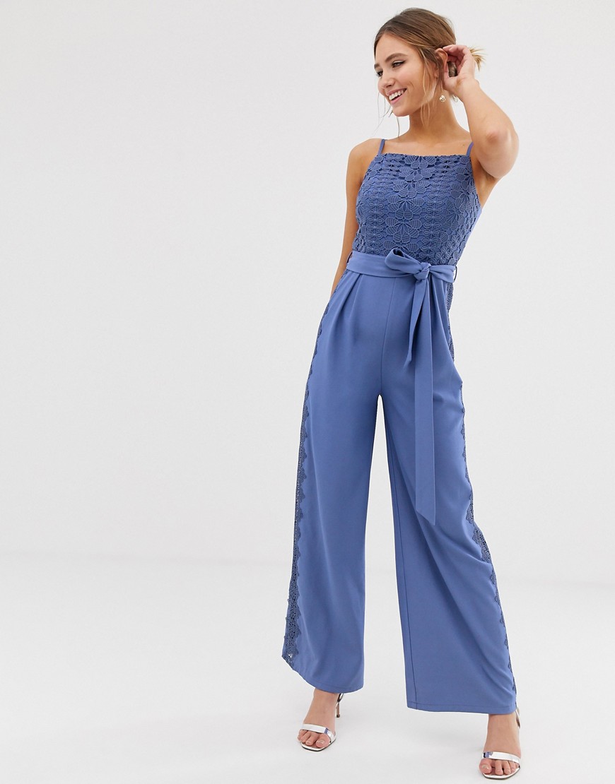 Little Mistress square neck jumpsuit with lace leg inserts in blue