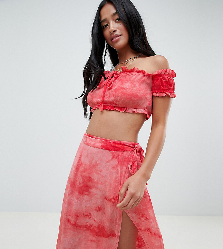 Glamorous Petite Off Shoulder Crop Top With Frill Trim In Tie Dye Co-Ord