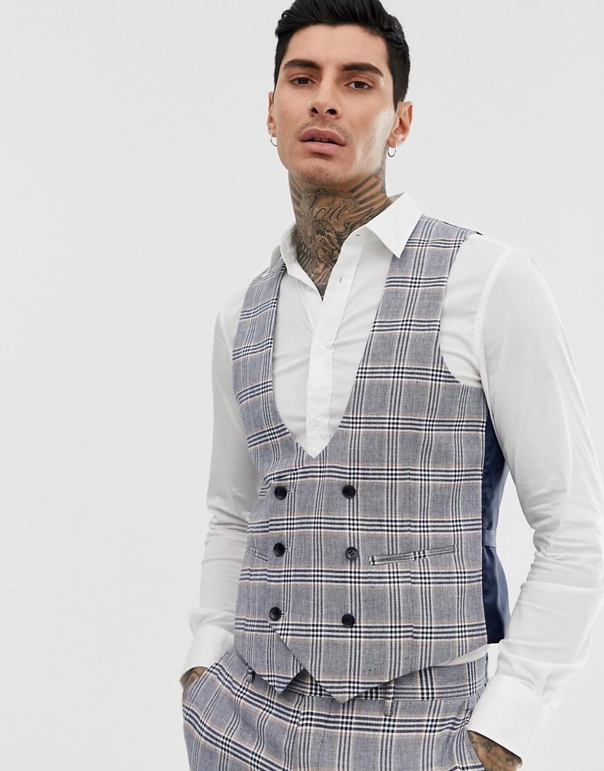 Gianni Feraud skinny fit linen blend check waistcoat double breasted scoop