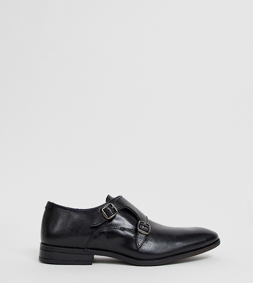 Silver Street wide fit leather monk shoe in black