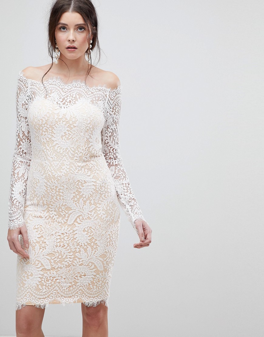 Lioness Bardot Allover Lace Midi Dress - White
