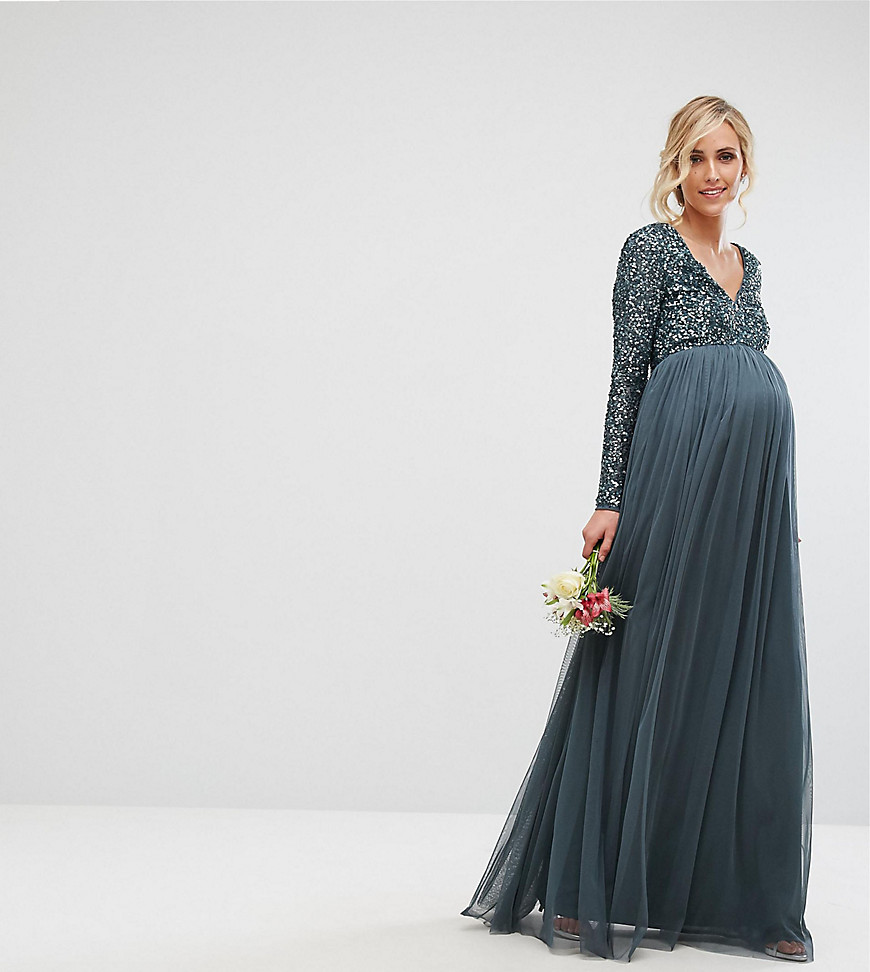 Maya Maternity Plunge Front Long Sleeve Maxi Dress In Tonal Delicate Sequin And Tulle Skirt - Petrol blue
