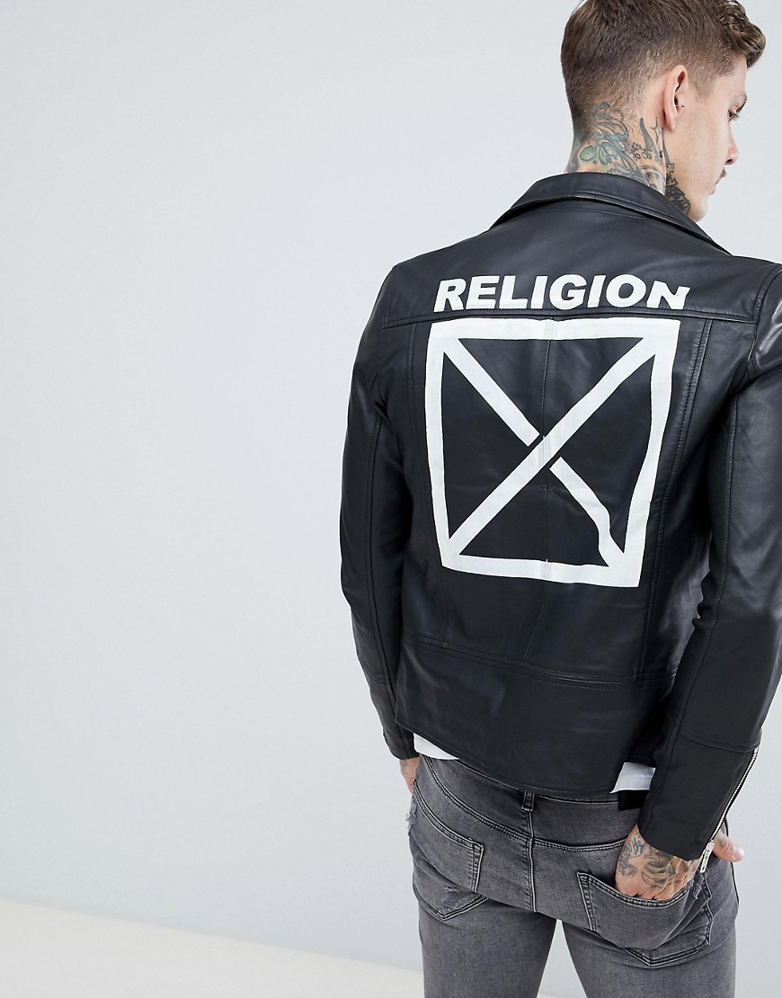 Religion leather jacket in black with back print