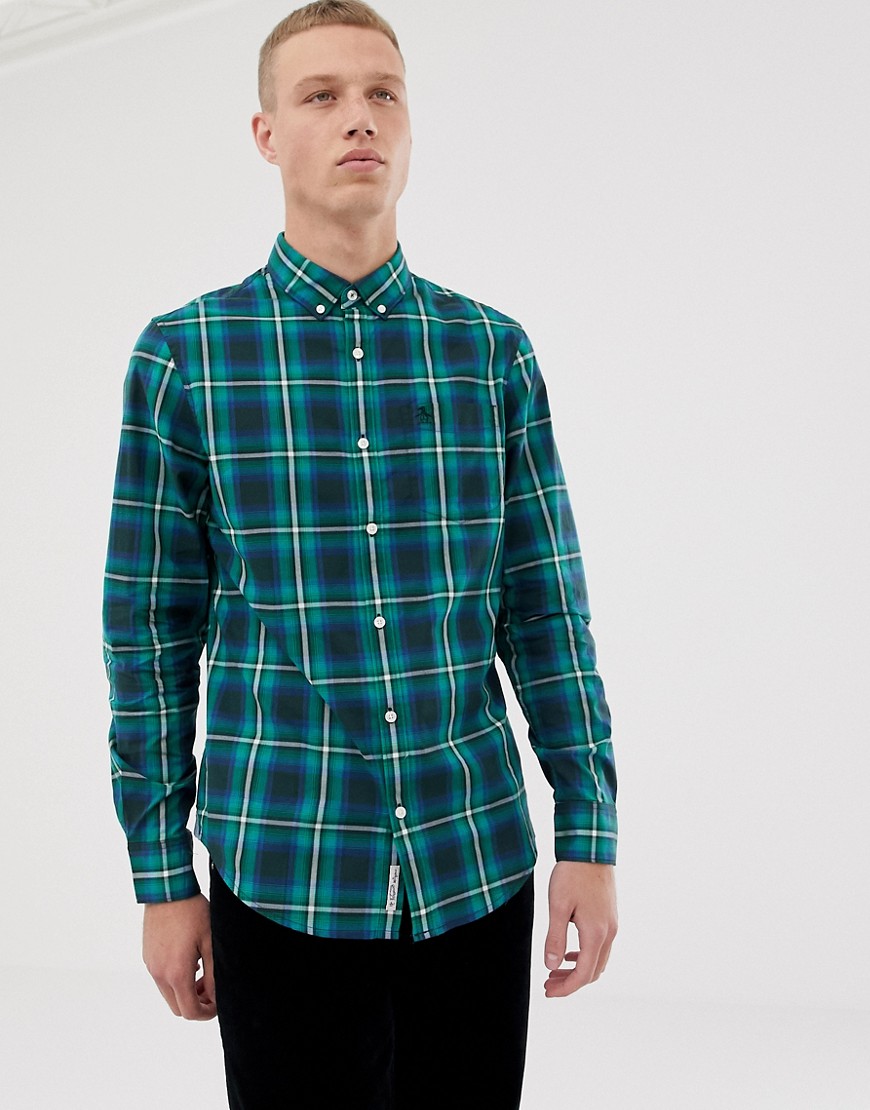 Original Penguin large check poplin shirt with button down collar in navy/green