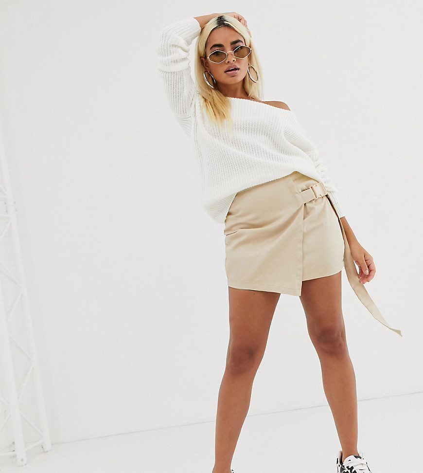Missguided Petite wrap over mini skirt with seatbelt detail in sand