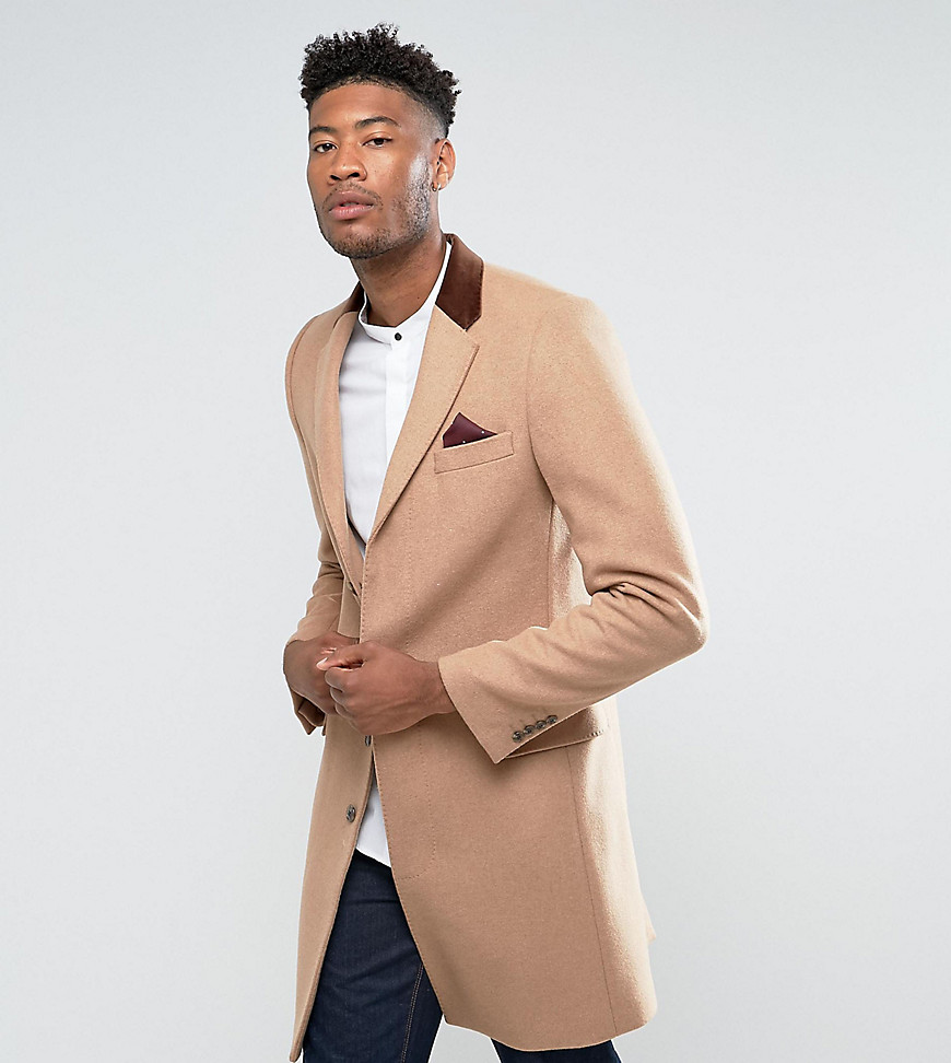 Gianni Feraud TALL Premium Wool Blend Single Breasted Classic Overcoat with Velvet Collar - Stone