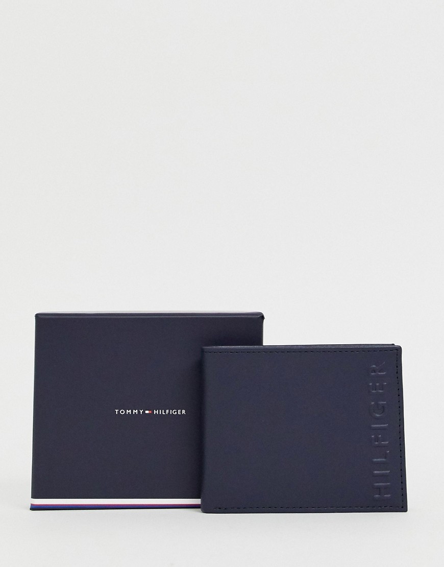 Tommy Hilfiger Mini Credit Card Holder Wallet With Embossed Logo and Red Internal in Navy