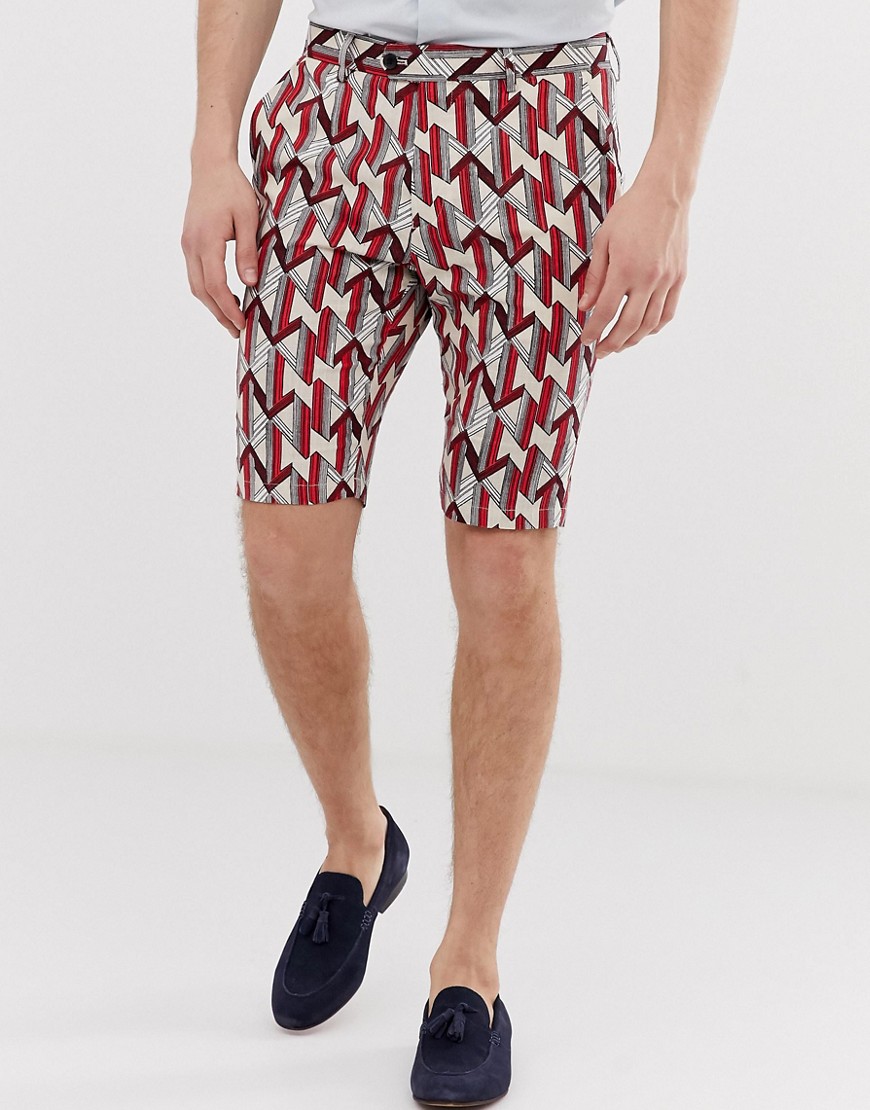 Devils Advocate slim fit printed geo linen mix shorts
