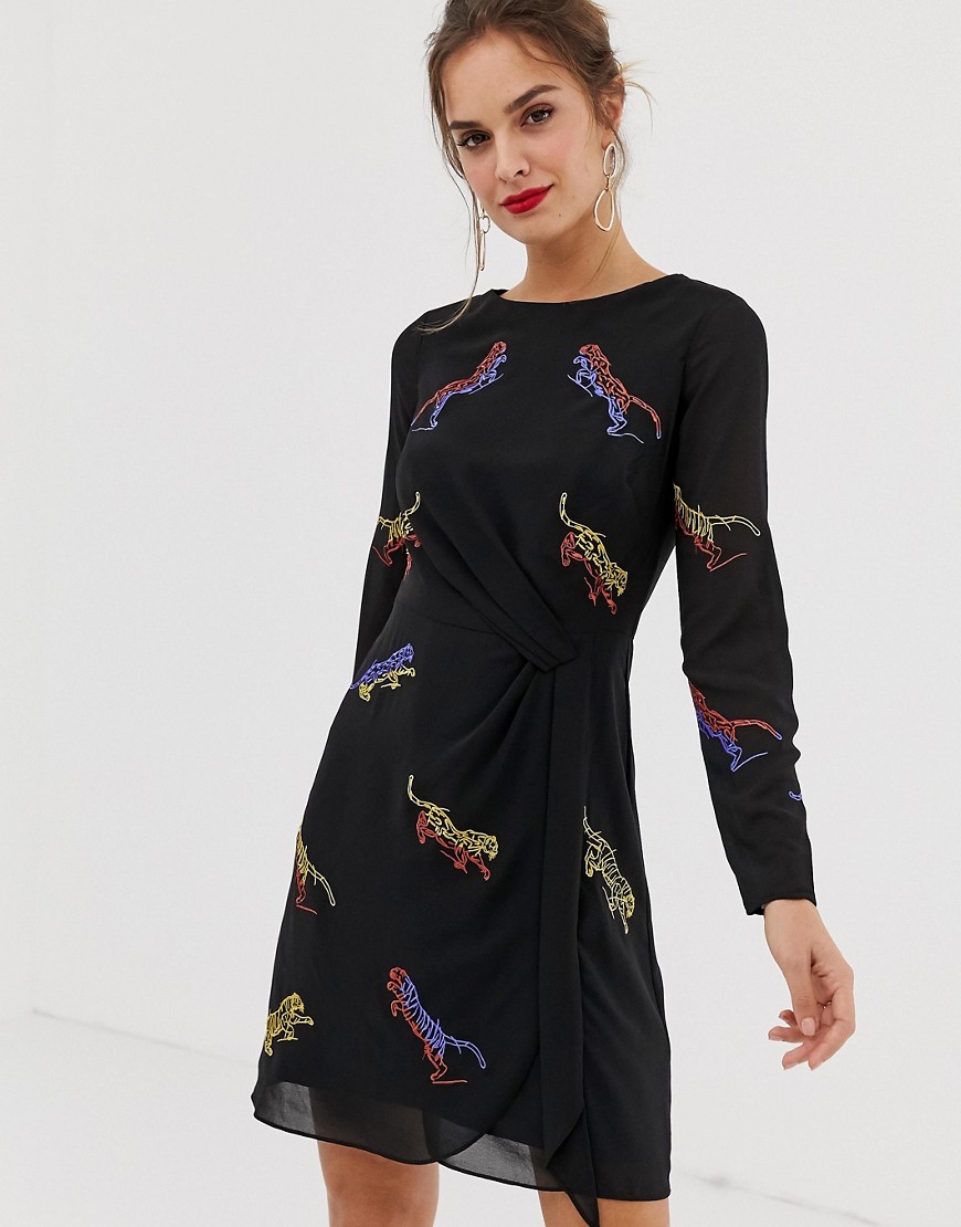 Karen Millen knot dress with embroidered tigers - Black/multi