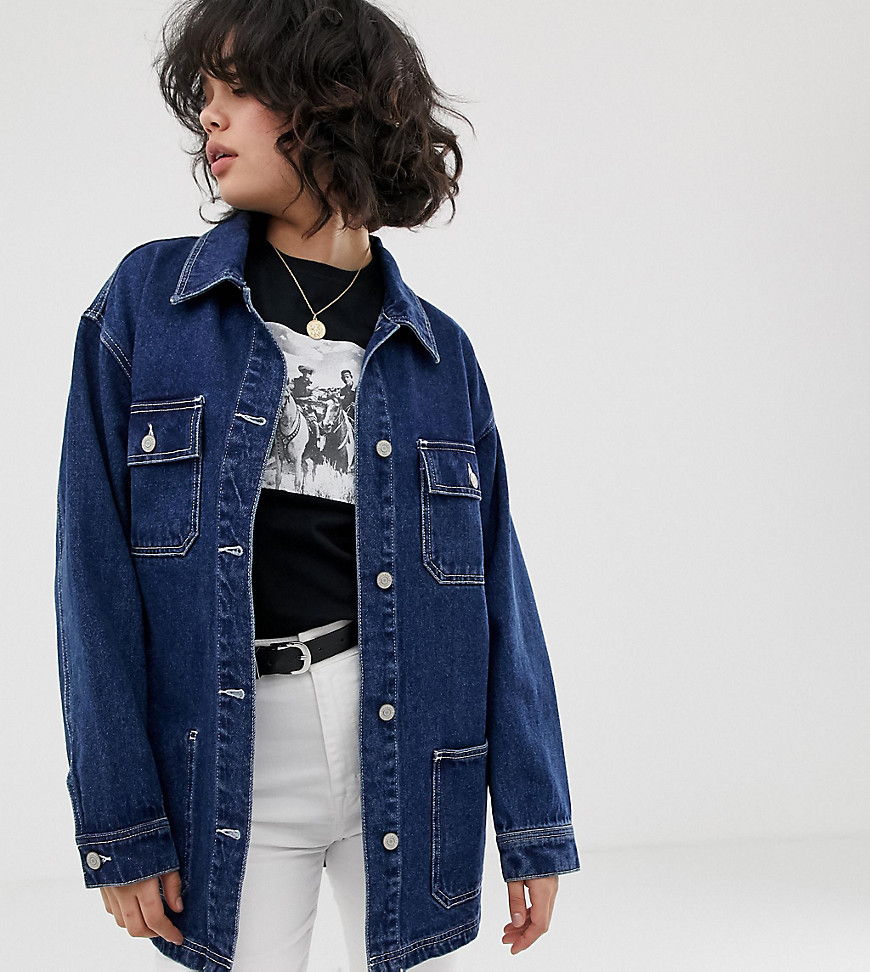 Pull&Bear oversized denim jacket with pockets in navy blue