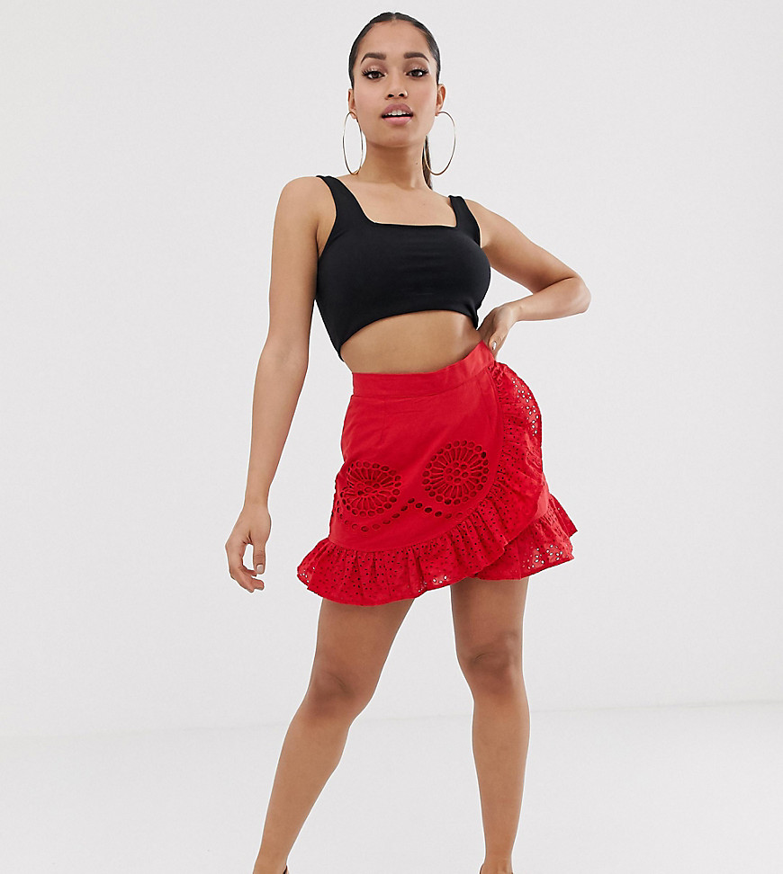 Missguided Petite broderie skirt with frill detail in red