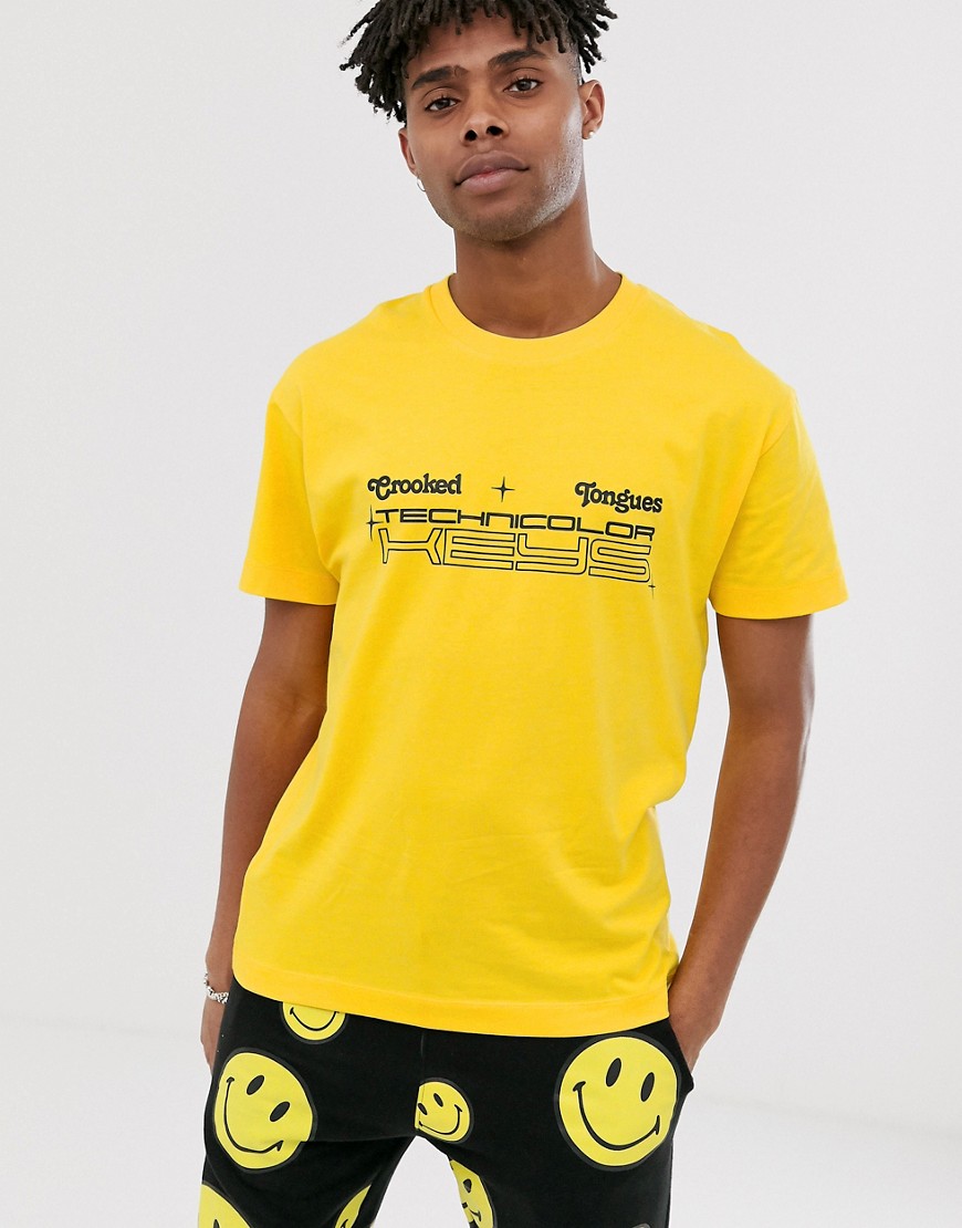 Crooked Tongues t-shirt in yellow with electronic graphic
