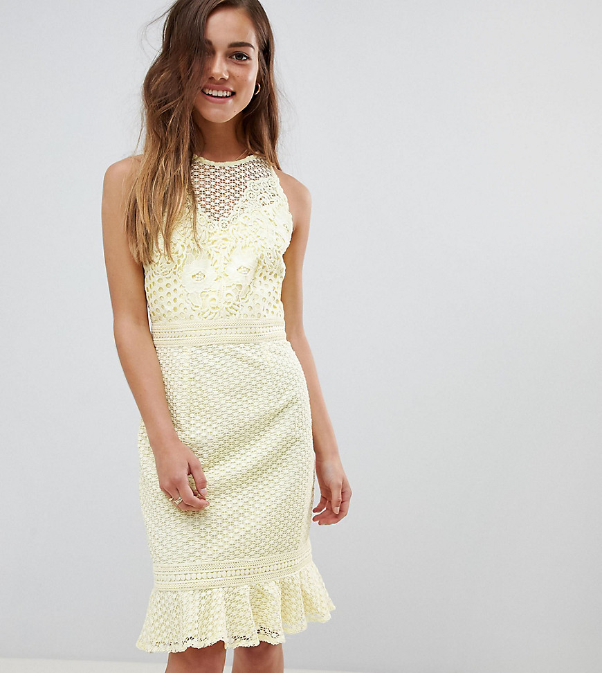Little Mistress Petite lace applique shift dress with peplum hem in lemon