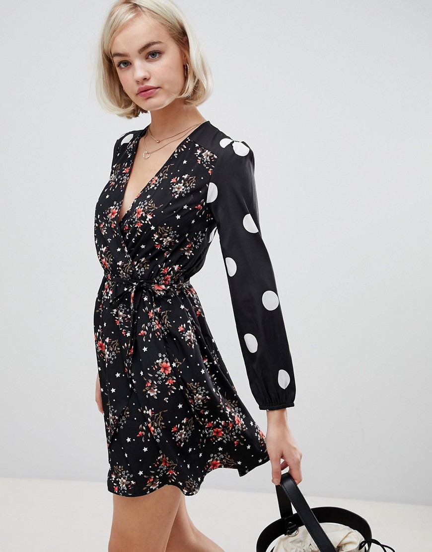 Wednesday's Girl wrap dress in polka dot floral mix print