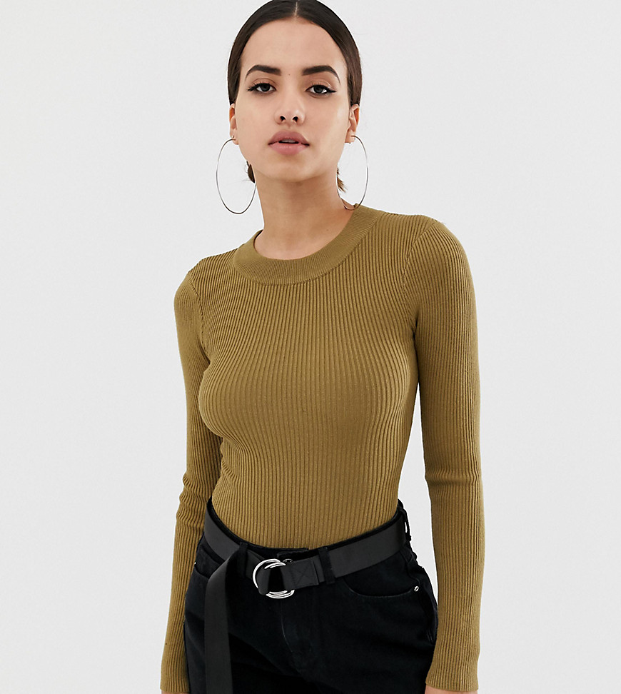 Missguided crew neck ribbed knitted bodysuit in khaki