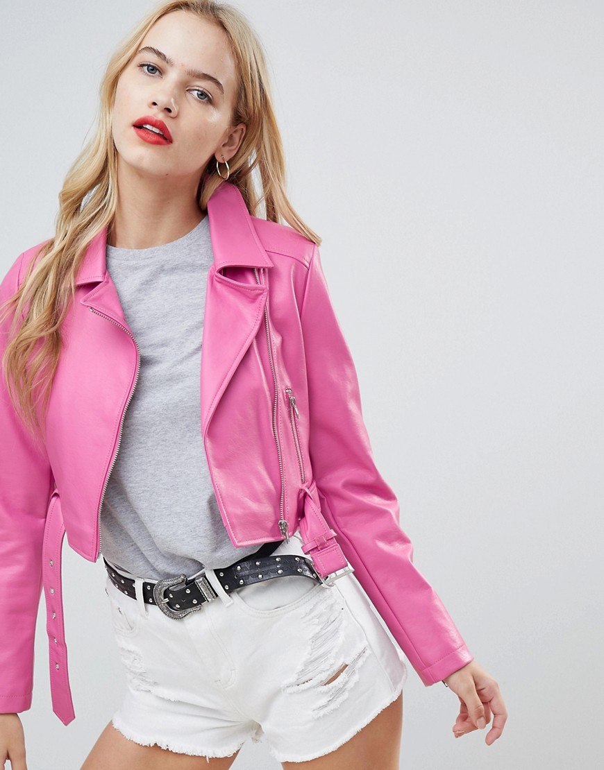 ASOS DESIGN Leather Look Biker - Hot pink