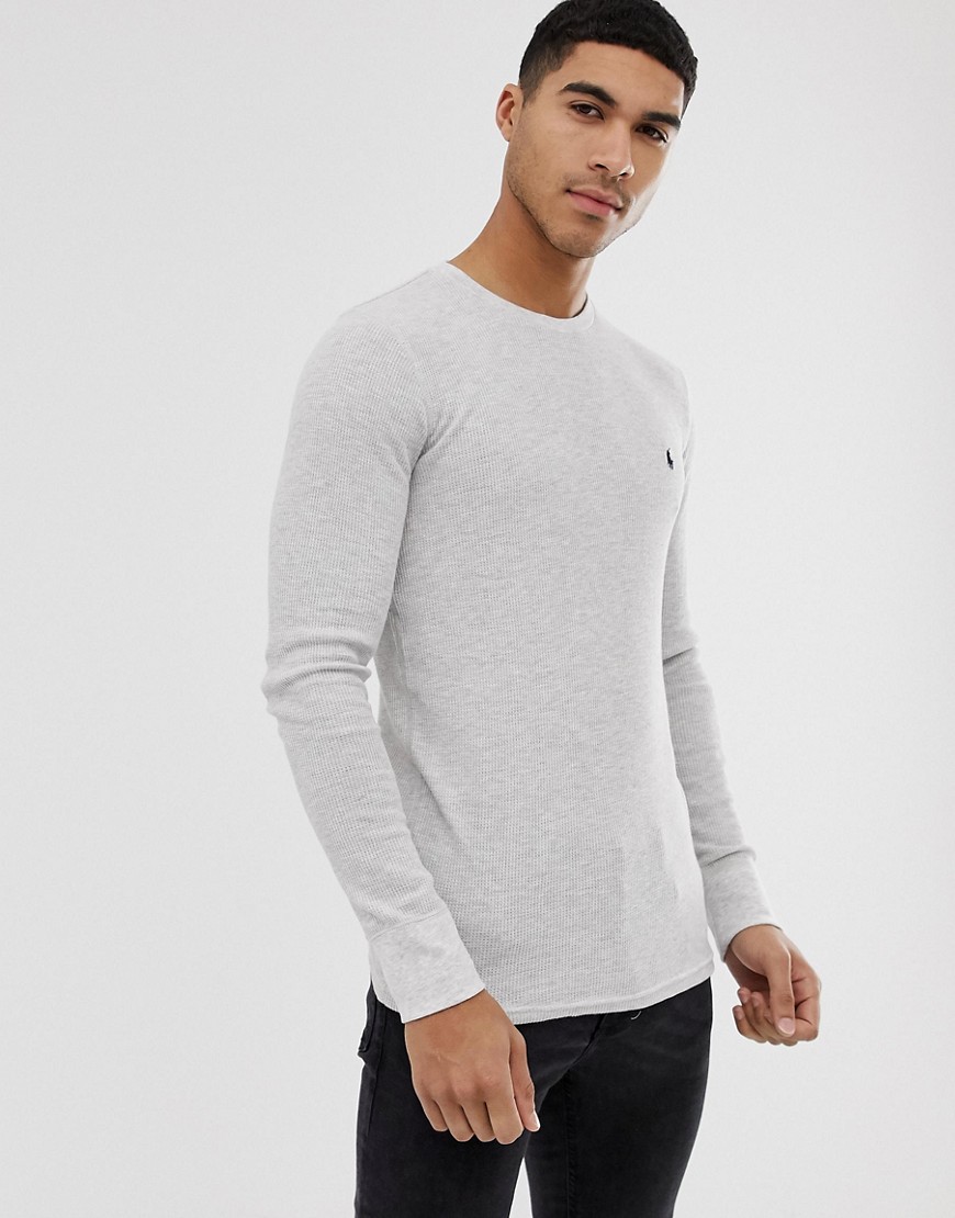 Polo Ralph Lauren waffle knit crew neck long sleeve t-shirt with polo player logo in grey