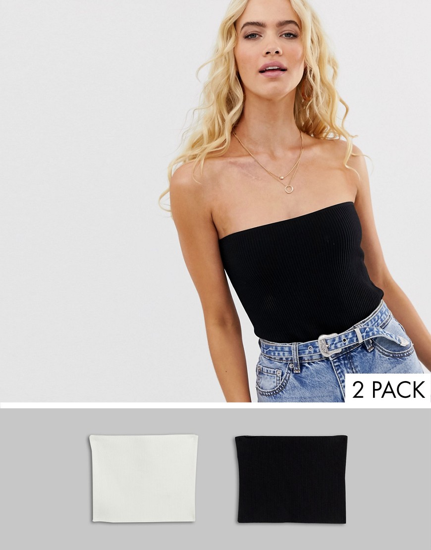 Stradivarius STR multipack ribbed jersey bandeau top in black and white