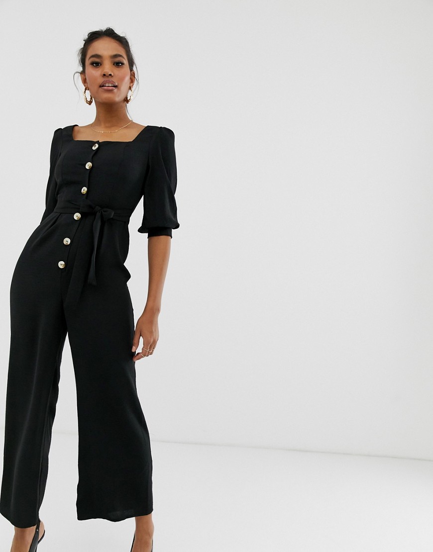 ASOS DESIGN square neck puff sleeve jumpsuit with button detail