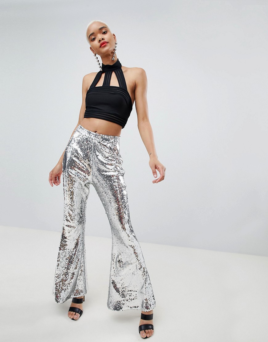Lasula Sequin Flared Pants In Silver - Silver