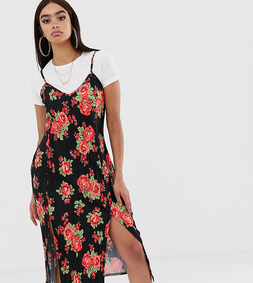 PrettyLittleThing midi slip dress with side split in black floral