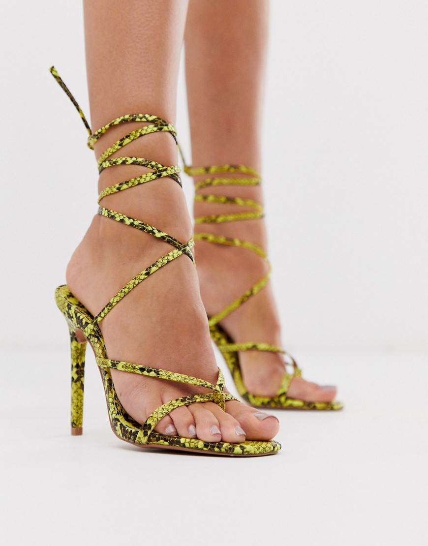 ASOS DESIGN Navigate barely there heeled sandal in neon yellow snake