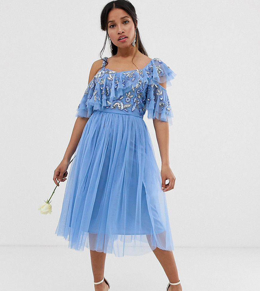 Maya Petite cami strap sequin top tulle detail midi dress with ruffle skirt in bluebell